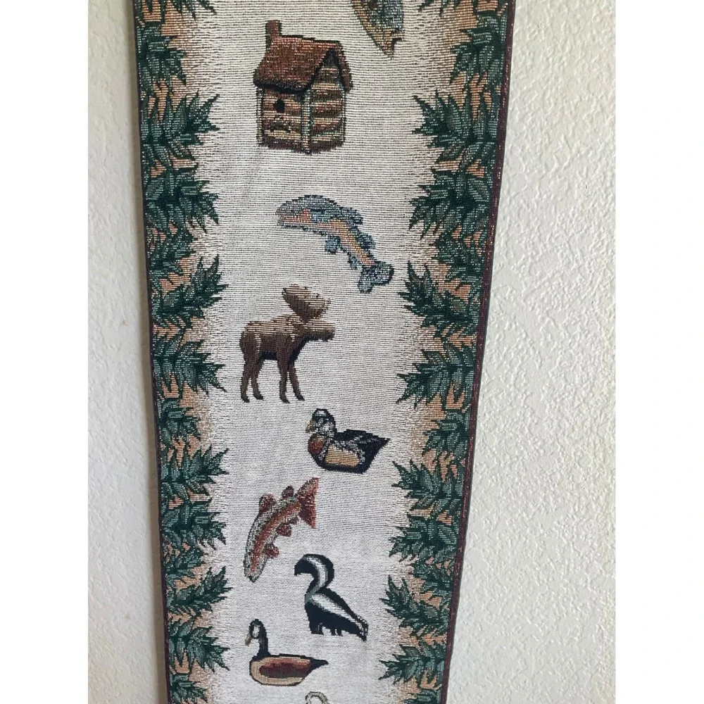 Vintage The Outdoorsman Tapestry Bell Pull  Hanging Moose Fish Cabin 8x41 USA
